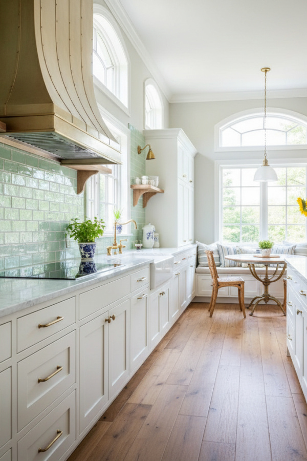 Modern French Country Kitchen Backsplash, Pale Mint Green Tiles, White Marble Counter, Bright Fresh Kitchen