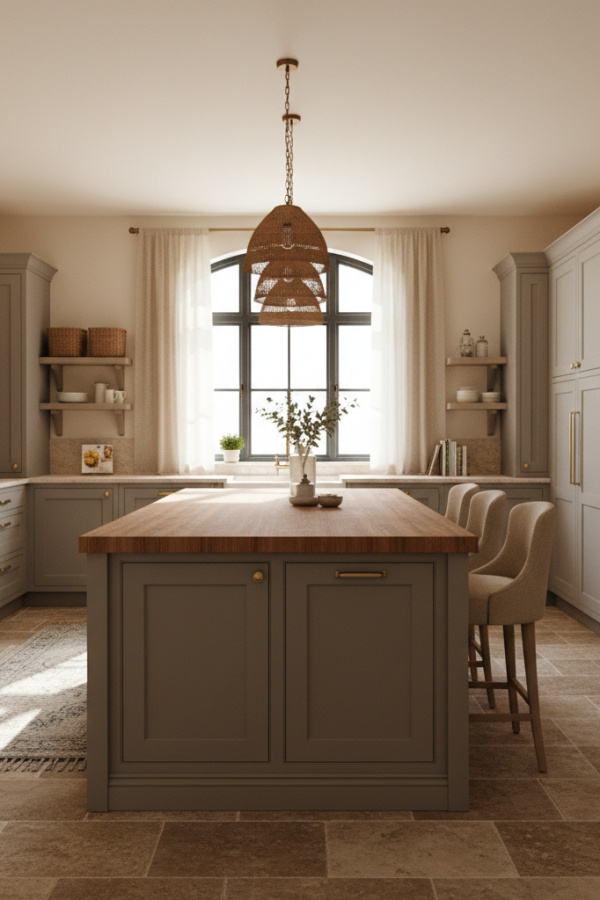 Modern French Country Kitchen Island, Soft Taupe Cabinetry, Butcher Block Top, Sunlit Warm Kitchen