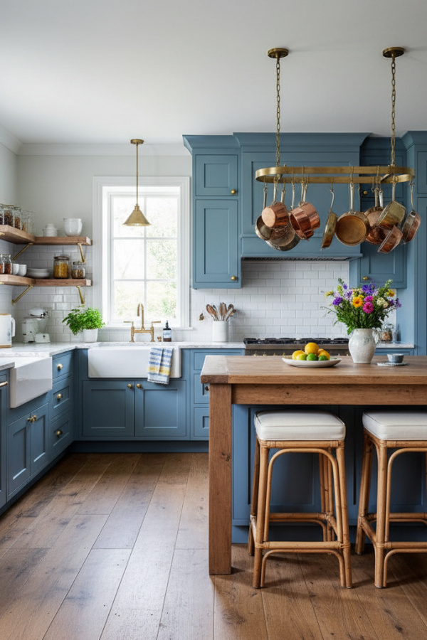 Modern French Country Kitchen Cabinets, Chalky Blue Gray, Brass Cup Pulls, Vibrant Chic Kitchen