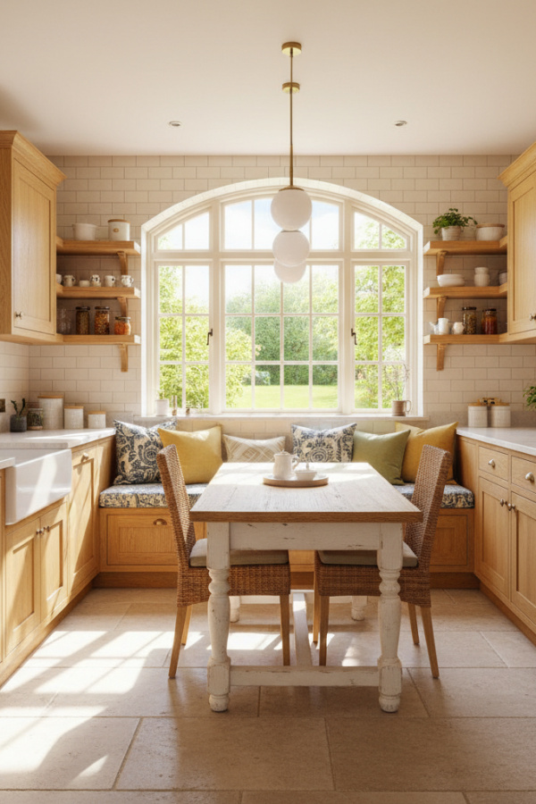 Modern French Country Kitchen Backsplash, Ivory Ceramic Tiles, Natural Oak Cabinets, Bright Timeless Kitchen