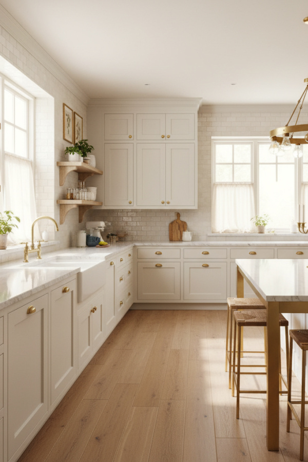 Modern French Country Kitchen Cabinets, Cream White Painted Wood, Brass Hardware, Sunlit Minimalist Kitchen