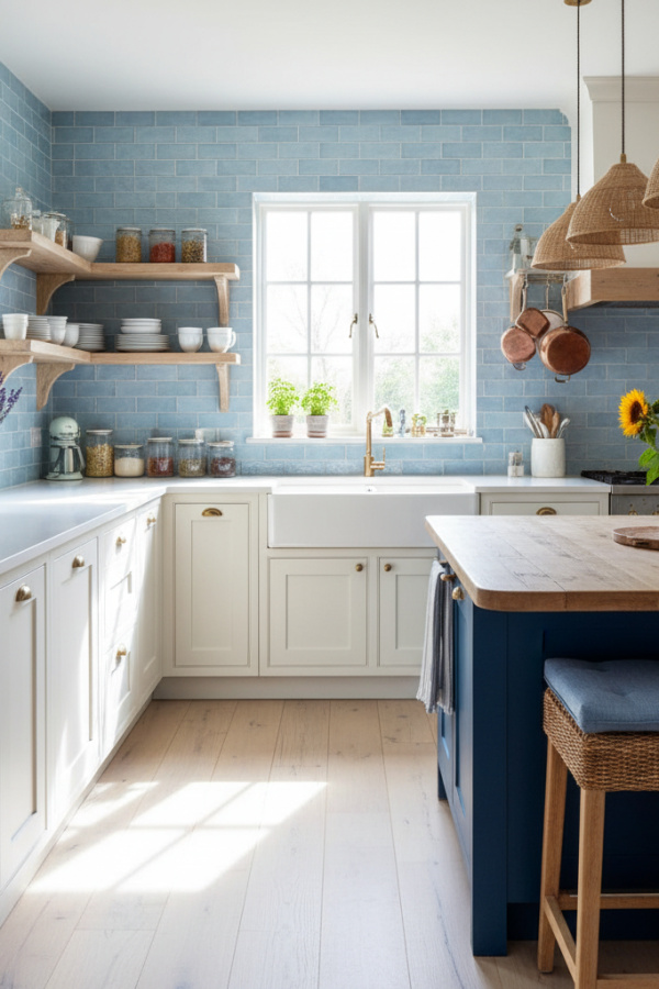 Modern French Country Kitchen Backsplash, Pale Blue Ceramic Tiles, White Quartz Counter, Vibrant Clean-Lined Kitchen