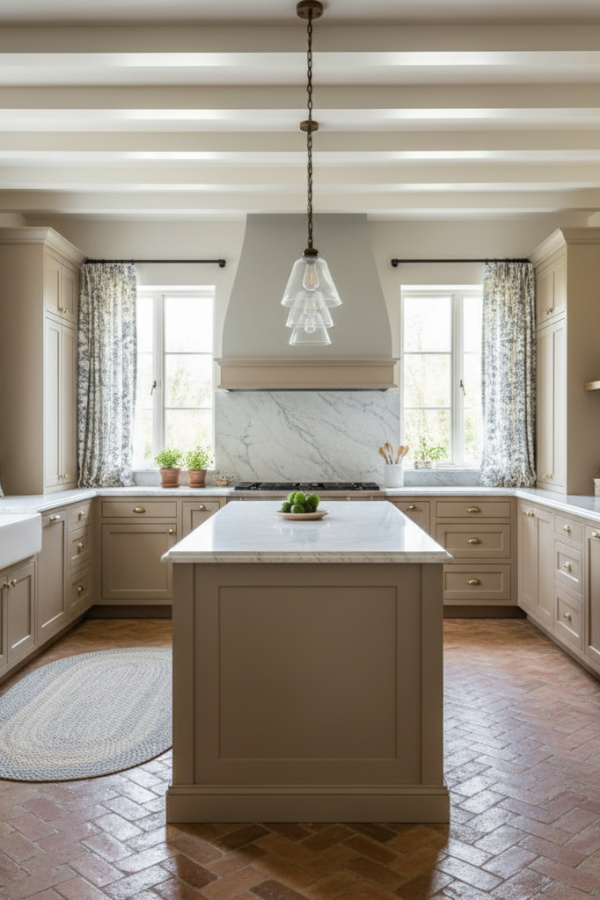 Modern French Country Kitchen Hood, Soft Gray Plaster, Streamlined Design, Bright Elegant Kitchen