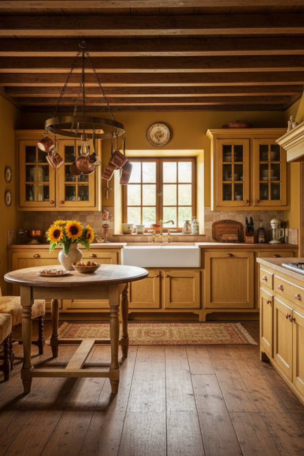 Traditional French Country Kitchen Cabinets, Butter Yellow Distressed Wood, Copper Accents, Sunlit Rustic Kitchen