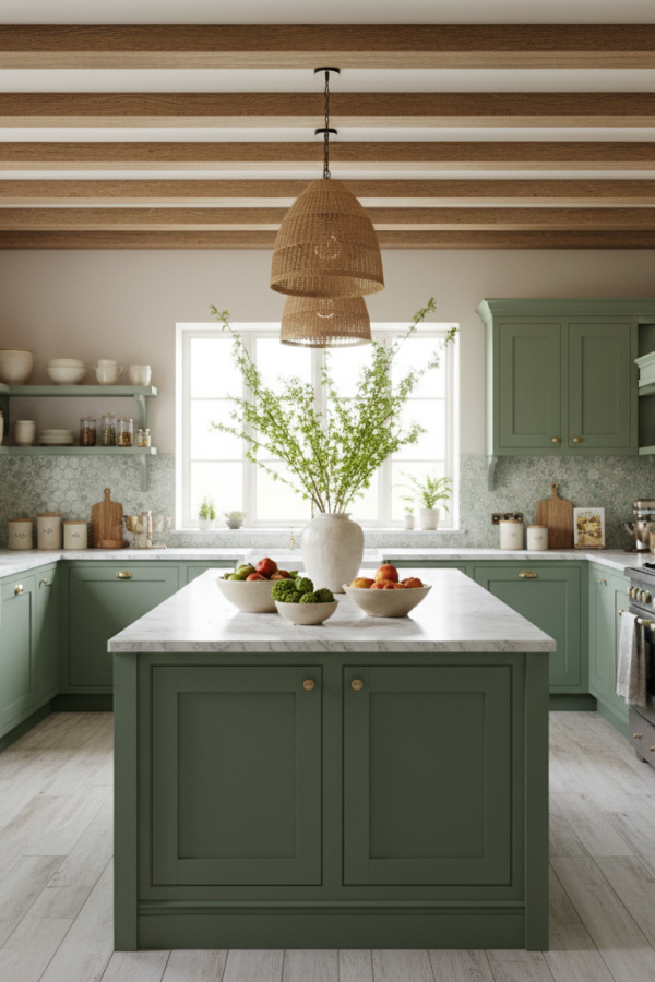 Modern French Country Kitchen Island, Sage Green Matte Finish, Marble Waterfall Edge, Vibrant Organic Modern Kitchen