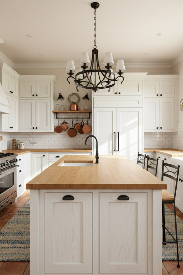 Modern French Country Kitchen Cabinets, Antique White Shaker, Black Iron Hardware, Bright Transitional Kitchen