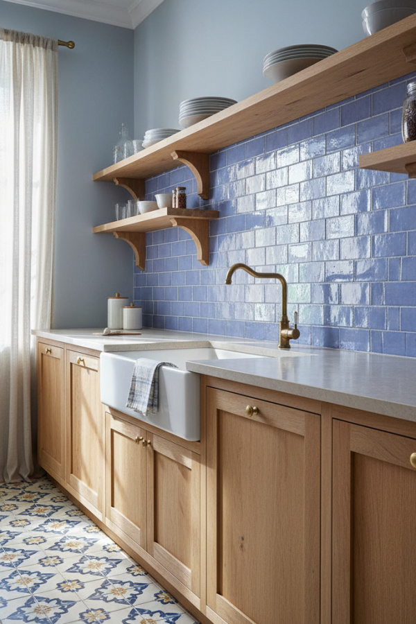 Modern French Country Kitchen Backsplash, Soft Periwinkle Tiles, Light Wood Cabinets, Sunlit Refined Kitchen
