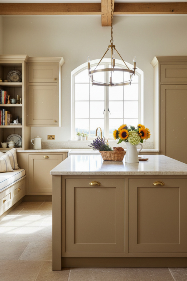 Modern French Country Kitchen Island, Warm Beige Cabinetry, Limestone Countertop, Bright Sophisticated Kitchen