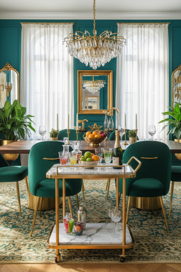 Marble Top Dining Room Bar Cart With A Gold Frame