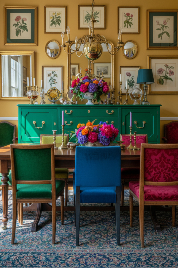 Kelly Green Painted Dining Room Buffet Cabinet With Brass Hardware