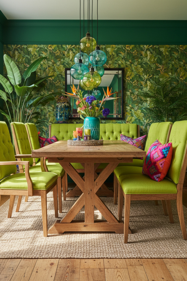Lime Green Linen Dining Room Bench With A Tufted Seat