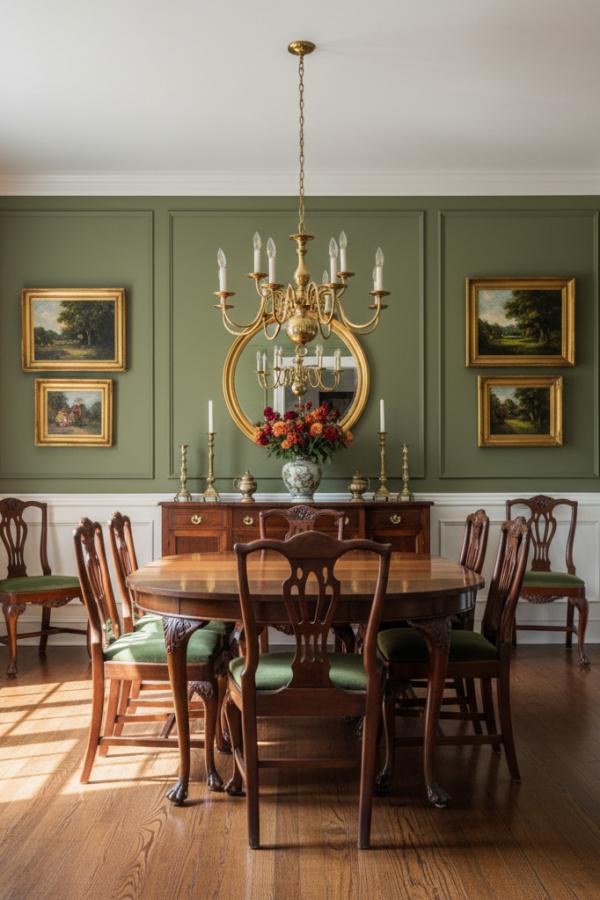 Olive Green Matte Wall Paint With Wainscoting Trim