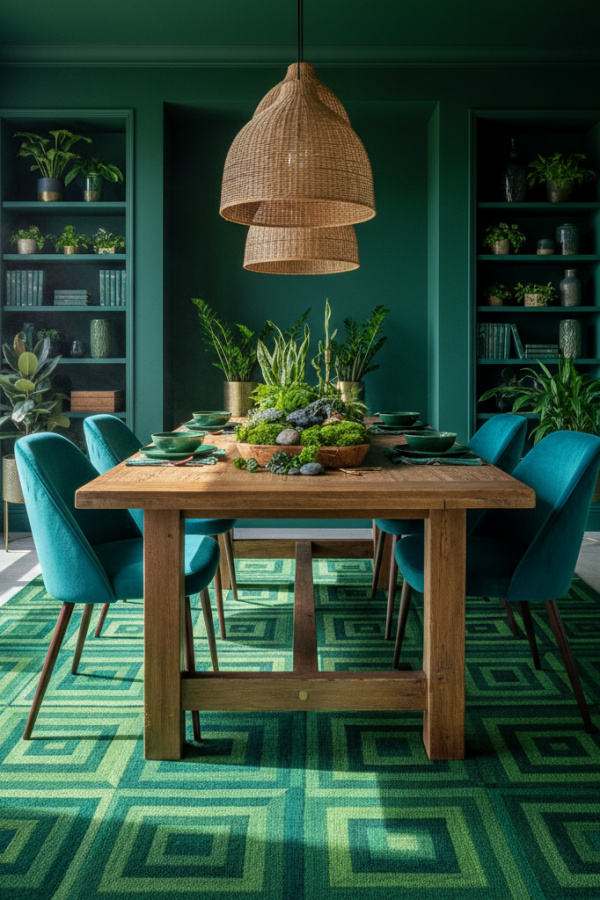 Forest Green Wool Dining Room Area Rug With A Geometric Pattern