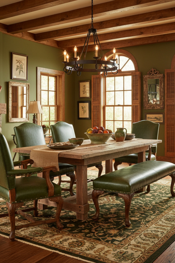 Hunter Green Leather Dining Room Chair Set With Nailhead Trim