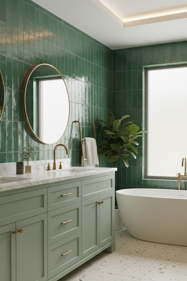 Bathroom Sage Green Shaker-Style Vanity Cabinet With Marble Top Bathroom Sage Green Shaker-Style Vanity Cabinet With Marble Top