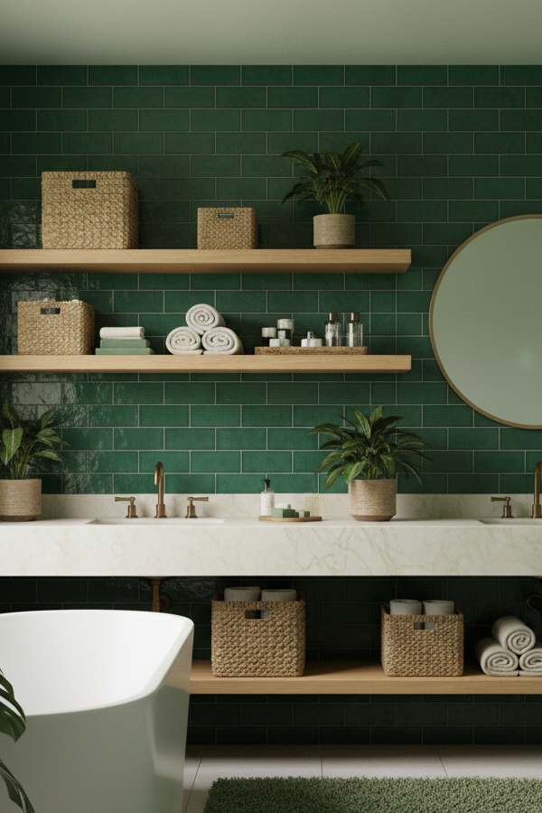 Bathroom Natural Jute Storage Baskets On Floating Shelves Bathroom Natural Jute Storage Baskets On Floating Shelves