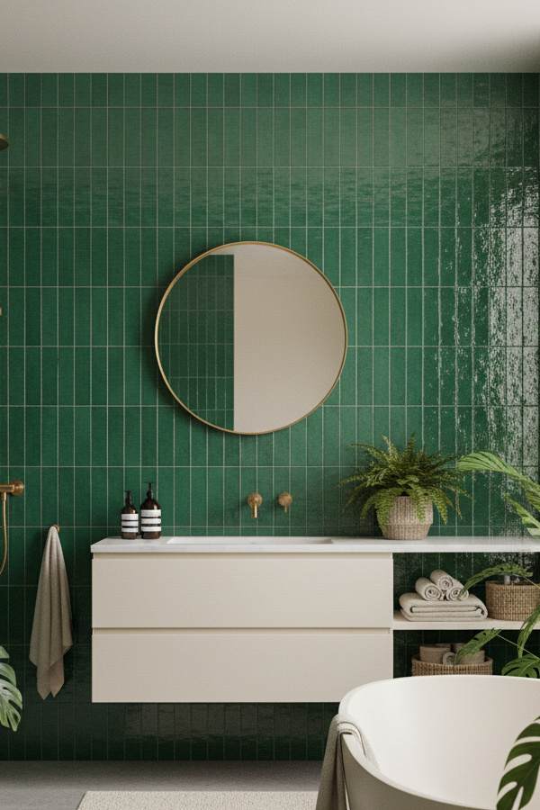 Bathroom Emerald Green Zellige Tile Backsplash With Brass Fixtures Bathroom Emerald Green Zellige Tile Backsplash With Brass Fixtures