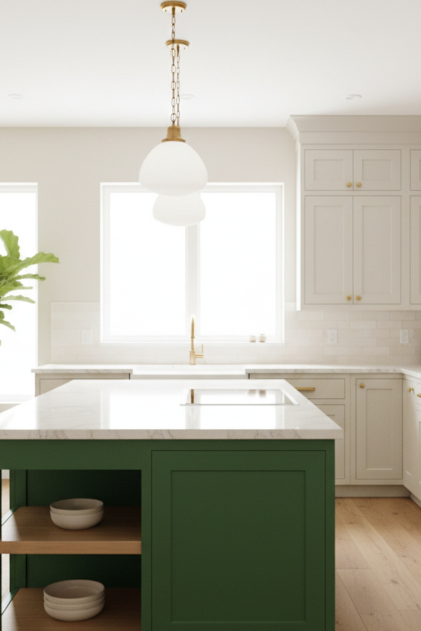 Kitchen Kelly Green Statement Island With Neutral Perimeter Cabinets Kitchen Kelly Green Statement Island With Neutral Perimeter Cabinets