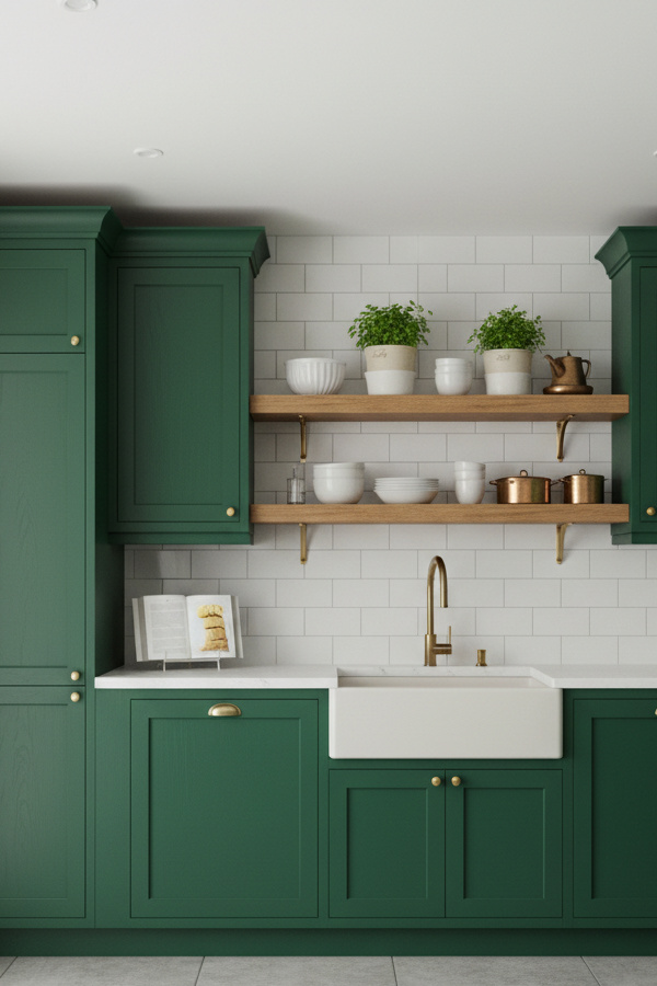 Kitchen Pine Green Cabinets With Natural Wood Floating Shelves Kitchen Pine Green Cabinets With Natural Wood Floating Shelves
