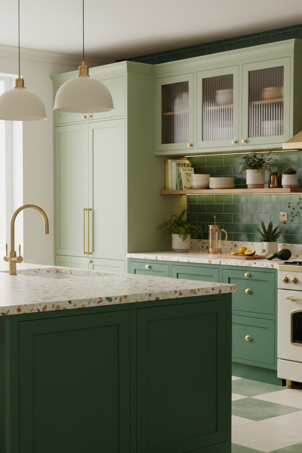 Kitchen Avocado Green Retro Cabinets With Terrazzo Countertops Kitchen Avocado Green Retro Cabinets With Terrazzo Countertops