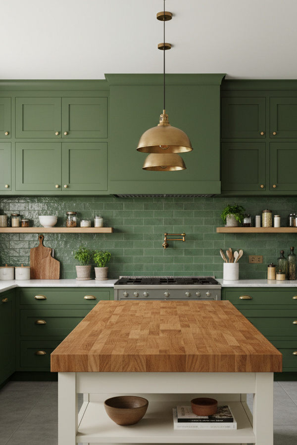 Kitchen Olive Green Flat-Panel Cabinets With Butcher Block Islands Kitchen Olive Green Flat-Panel Cabinets With Butcher Block Islands