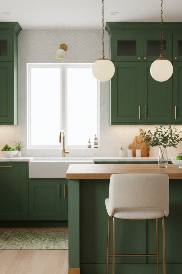 Kitchen Moss Green Cabinets Against Herringbone Tile Backsplash Kitchen Moss Green Cabinets Against Herringbone Tile Backsplash