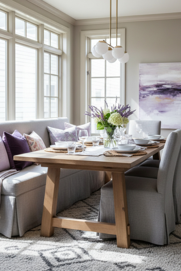 Dove Grey Linen Dining Room Bench Seating In A Built-In Design Dove Grey Linen Dining Room Bench Seating In A Built-In Design
