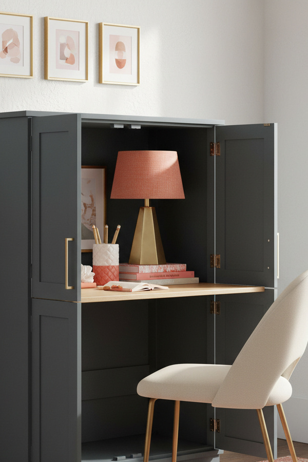 Charcoal Gray Compact Armoire Desk with Closing Doors Charcoal Gray Compact Armoire Desk with Closing Doors