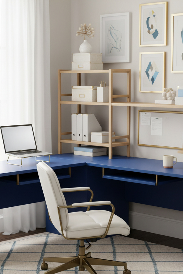Electric Blue L-Shaped Desk for Corner Maximization Electric Blue L-Shaped Desk for Corner Maximization