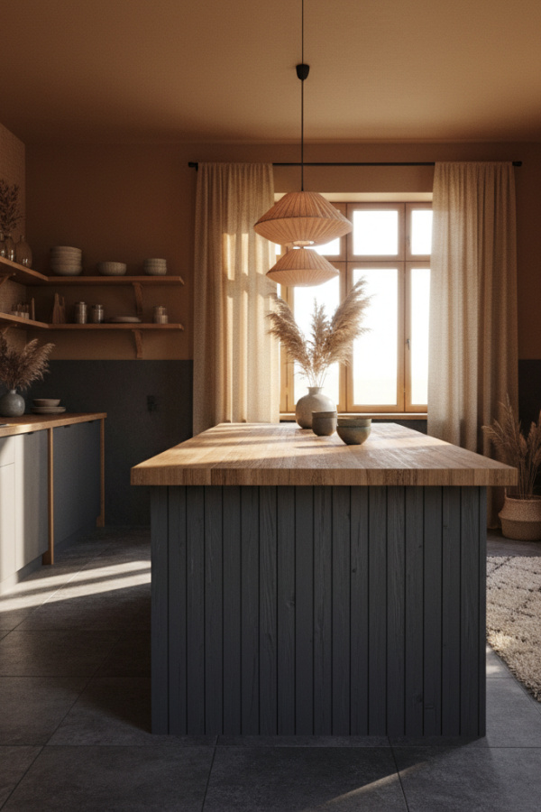 Japandi Kitchen Island, Charcoal Gray Base, Butcher Block Top, Sunlit Warm Kitchen Japandi Kitchen Island, Charcoal Gray Base, Butcher Block Top, Sunlit Warm Kitchen