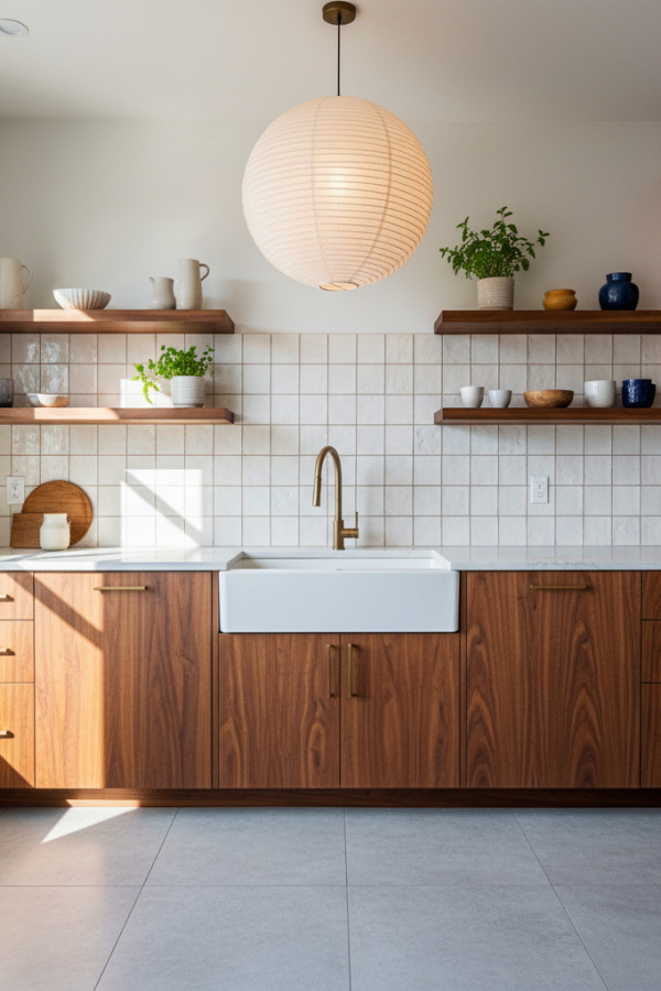 Japandi Kitchen Backsplash, White Ceramic Tiles, Walnut Cabinets, Vibrant Tranquil Kitchen Japandi Kitchen Backsplash, White Ceramic Tiles, Walnut Cabinets, Vibrant Tranquil Kitchen