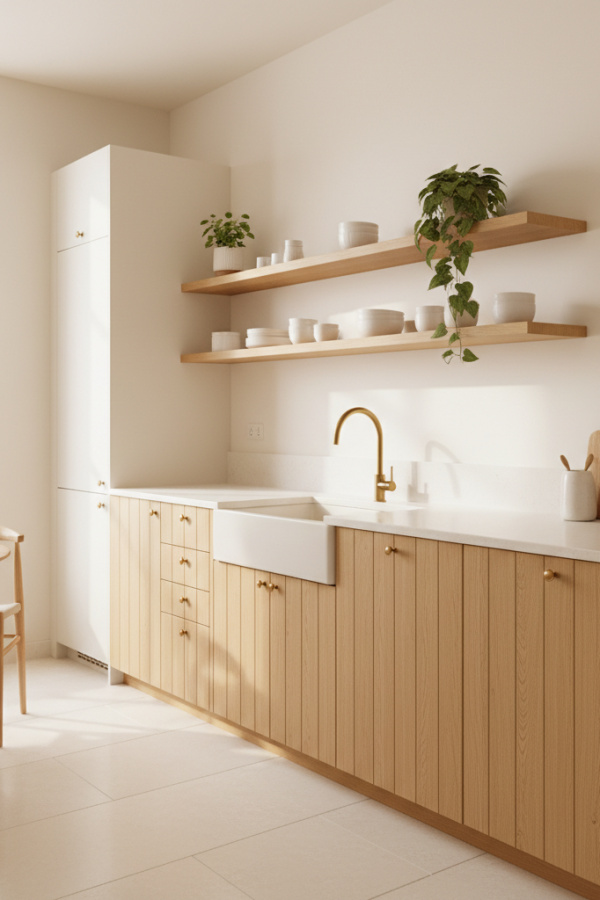 Japandi Kitchen Cabinets, Cream Matte Finish, Wood Grain Accents, Bright Scandinavian Kitchen Japandi Kitchen Cabinets, Cream Matte Finish, Wood Grain Accents, Bright Scandinavian Kitchen