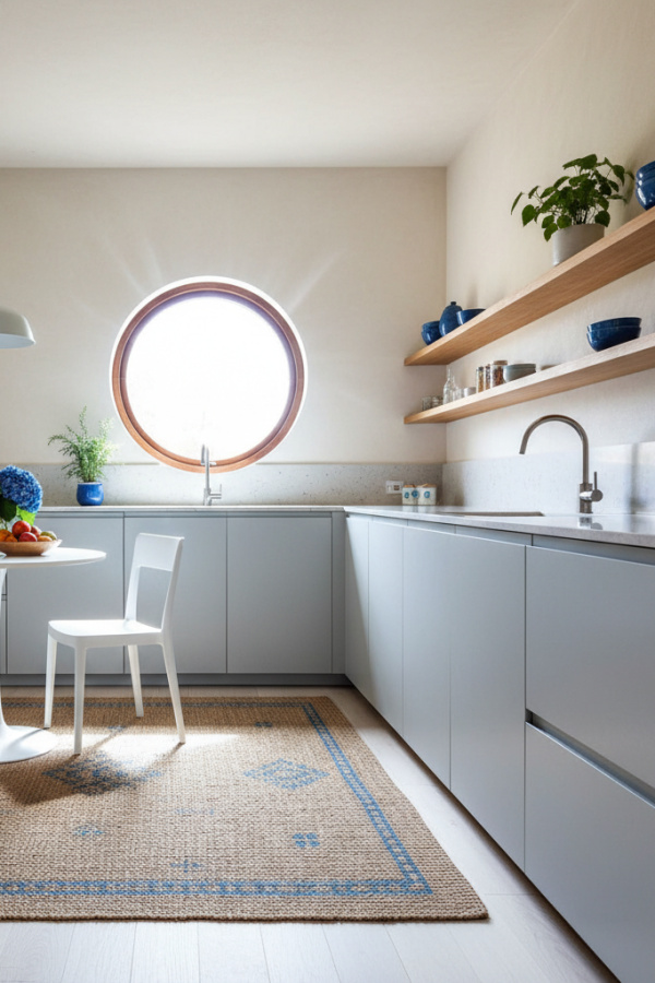 Japandi Kitchen Cabinets, Pale Gray Lacquer, Minimalist Hardware, Bright Contemporary Kitchen Japandi Kitchen Cabinets, Pale Gray Lacquer, Minimalist Hardware, Bright Contemporary Kitchen