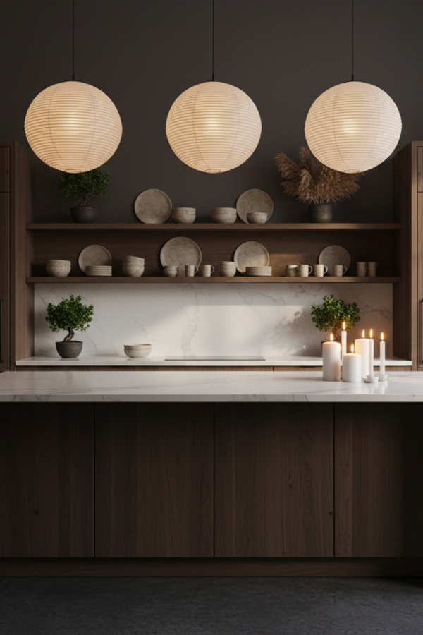 Japandi Kitchen Countertop, White Quartz Surface, Dark Walnut Base, Sunlit Balanced Kitchen Japandi Kitchen Countertop, White Quartz Surface, Dark Walnut Base, Sunlit Balanced Kitchen