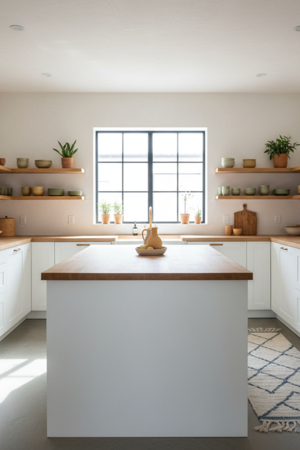 Japandi Kitchen Island, Matte White Cabinetry, Natural Wood Countertop, Sunlit Serene Kitchen Japandi Kitchen Island, Matte White Cabinetry, Natural Wood Countertop, Sunlit Serene Kitchen