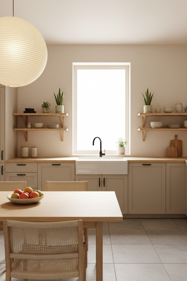 Japandi Kitchen Cabinets, Soft Beige Matte Finish, Black Hardware Accents, Bright Functional Kitchen Japandi Kitchen Cabinets, Soft Beige Matte Finish, Black Hardware Accents, Bright Functional Kitchen