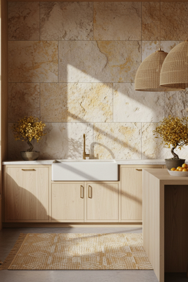 Japandi Kitchen Backsplash, Natural Stone Tiles, Light Wood Cabinets, Sunlit Organic Kitchen Japandi Kitchen Backsplash, Natural Stone Tiles, Light Wood Cabinets, Sunlit Organic Kitchen