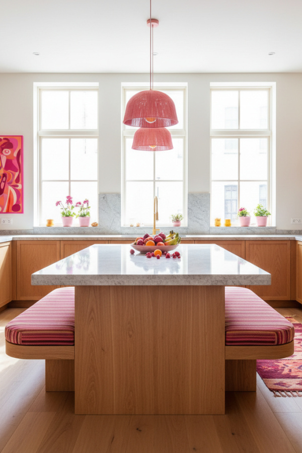 Japandi Kitchen Island, Ash Wood Base, Integrated Seating, Vibrant Simple Kitchen Japandi Kitchen Island, Ash Wood Base, Integrated Seating, Vibrant Simple Kitchen