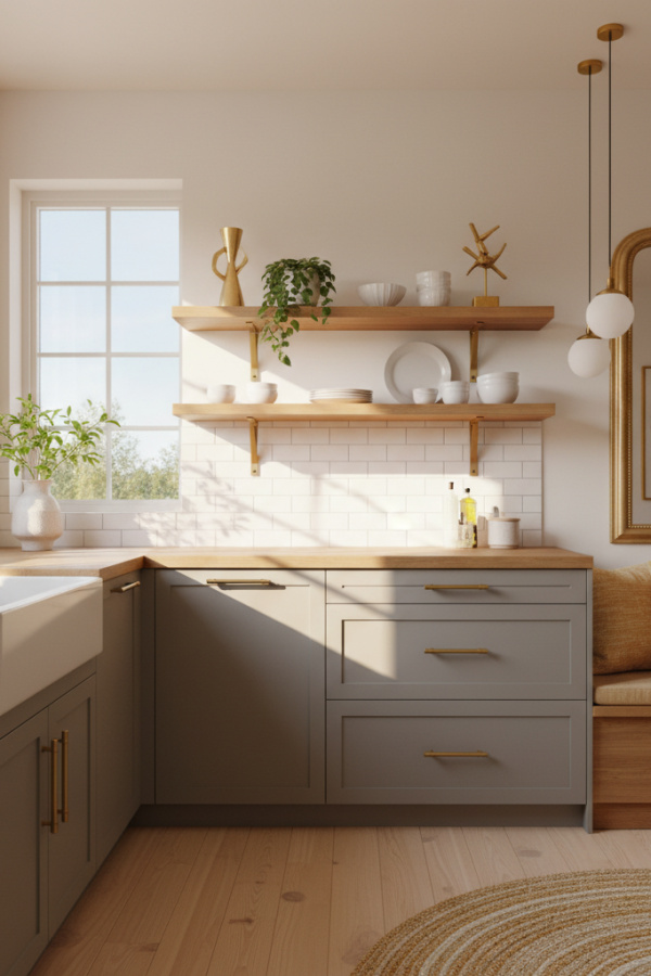 Japandi Kitchen Cabinets, Warm Gray Finish, Brass Pulls, Bright Elegant Kitchen Japandi Kitchen Cabinets, Warm Gray Finish, Brass Pulls, Bright Elegant Kitchen