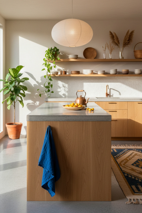 Japandi Kitchen Countertop, Concrete Surface, Light Oak Cabinets, Sunlit Industrial Minimalist Kitchen Japandi Kitchen Countertop, Concrete Surface, Light Oak Cabinets, Sunlit Industrial Minimalist Kitchen