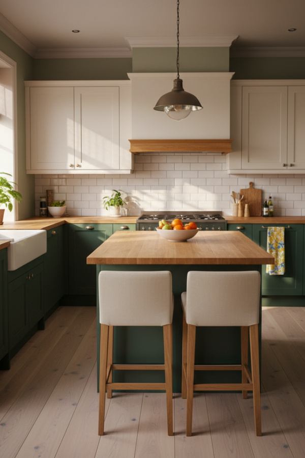 Kitchen Cabinets, Olive Green Lower Cream White Upper, Natural Neutral Pairing, Bright Scandinavian Kitchen Kitchen Cabinets, Olive Green Lower Cream White Upper, Natural Neutral Pairing, Bright Scandinavian Kitchen