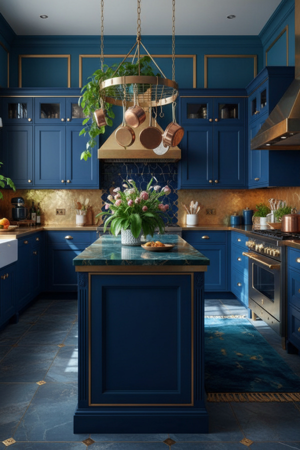 Kitchen Cabinets, Midnight Blue Cabinetry Brass Hardware Accents, Jewel Tone Combo, Vibrant Elegant Kitchen Kitchen Cabinets, Midnight Blue Cabinetry Brass Hardware Accents, Jewel Tone Combo, Vibrant Elegant Kitchen