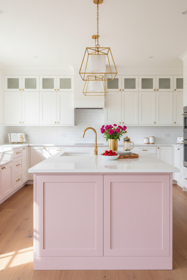 Kitchen Cabinets, Blush Pink Island White Perimeter, Soft Bold Contrast, Bright Feminine Modern Kitchen Kitchen Cabinets, Blush Pink Island White Perimeter, Soft Bold Contrast, Bright Feminine Modern Kitchen