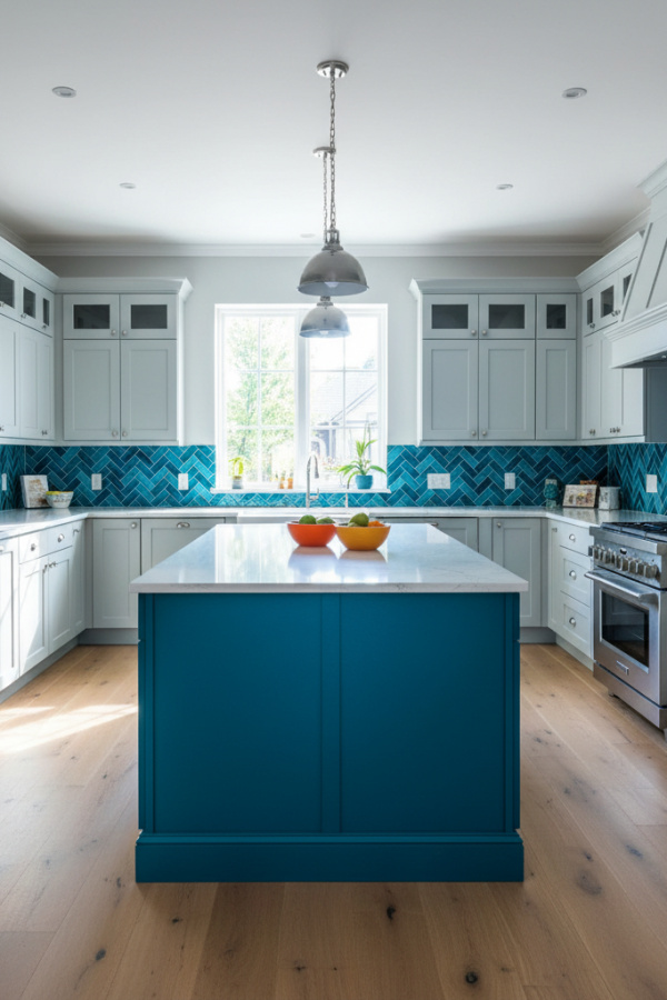 Kitchen Cabinets, Teal Blue Island Light Gray Perimeter, Vibrant Neutral Pairing, Bright Contemporary Kitchen Kitchen Cabinets, Teal Blue Island Light Gray Perimeter, Vibrant Neutral Pairing, Bright Contemporary Kitchen