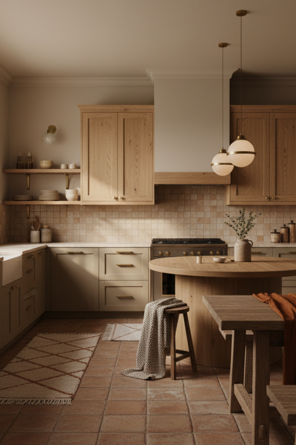 Kitchen Cabinets, Warm Taupe Lower Natural White Oak Upper, Earthy Minimal Combo, Sunlit Organic Kitchen Kitchen Cabinets, Warm Taupe Lower Natural White Oak Upper, Earthy Minimal Combo, Sunlit Organic Kitchen