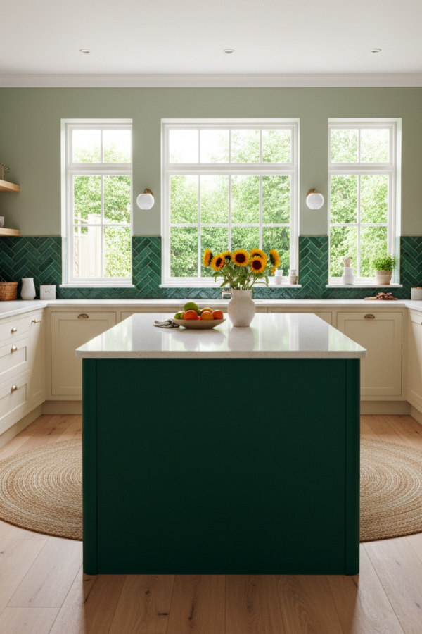 Kitchen Cabinets, Forest Green Island Cream Perimeter, Contrast Pairing, Sunlit Organic Modern Kitchen Kitchen Cabinets, Forest Green Island Cream Perimeter, Contrast Pairing, Sunlit Organic Modern Kitchen