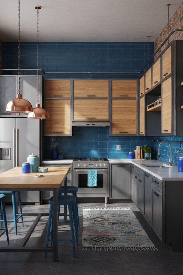 Kitchen Cabinets, Charcoal Gray Base Natural Oak Upper, Mixed Material Combo, Vibrant Industrial Kitchen Kitchen Cabinets, Charcoal Gray Base Natural Oak Upper, Mixed Material Combo, Vibrant Industrial Kitchen