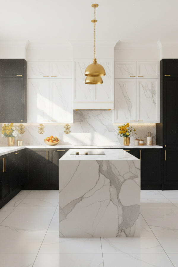 Kitchen Cabinets, Black Matte Lower White Marble Upper, High Contrast Design, Bright Luxe Kitchen Kitchen Cabinets, Black Matte Lower White Marble Upper, High Contrast Design, Bright Luxe Kitchen