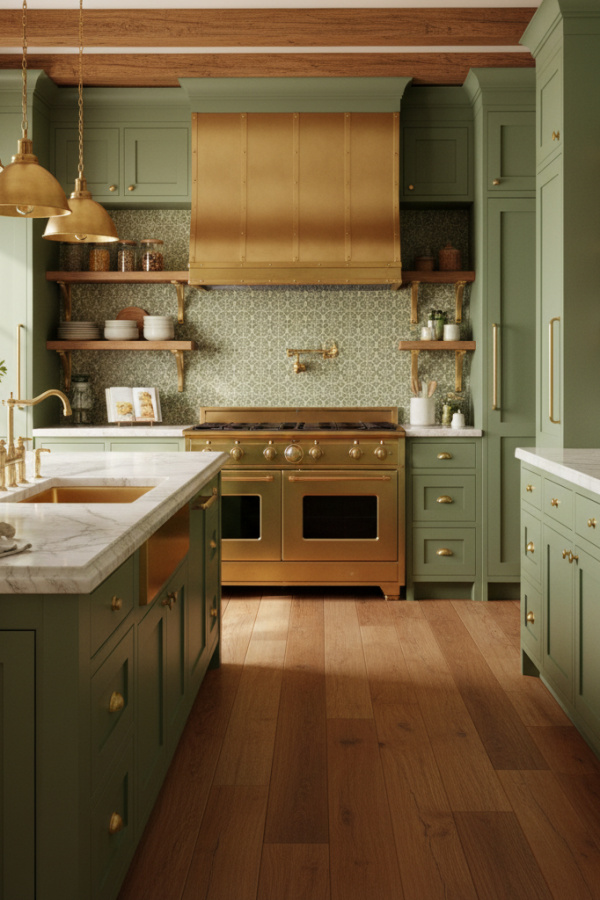Kitchen Cabinets, Sage Green Cabinetry Warm Brass Hardware, Complementary Accent, Sunlit Transitional Kitchen Kitchen Cabinets, Sage Green Cabinetry Warm Brass Hardware, Complementary Accent, Sunlit Transitional Kitchen
