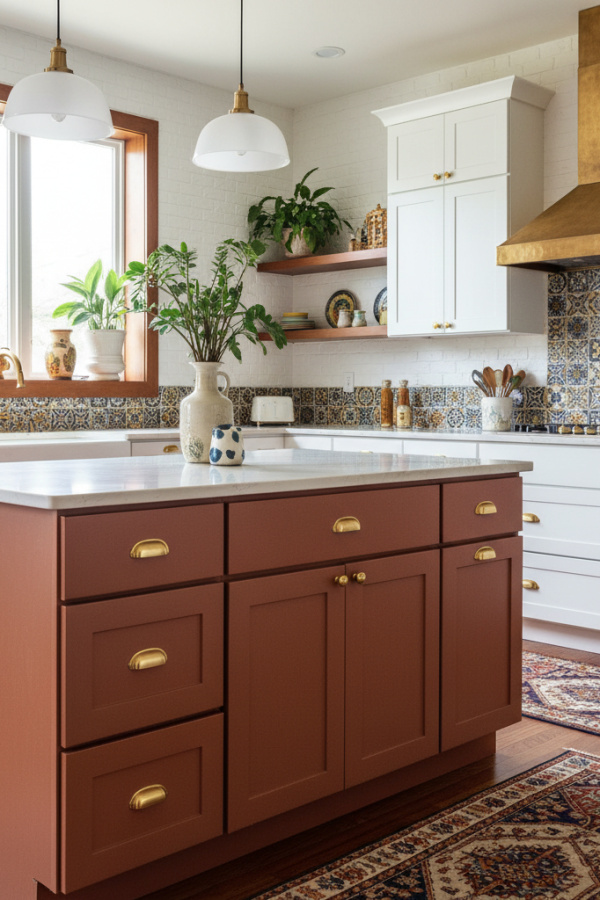 Kitchen Cabinets, Terracotta Island White Shaker Perimeter, Earthy Bold Pairing, Vibrant Eclectic Kitchen Kitchen Cabinets, Terracotta Island White Shaker Perimeter, Earthy Bold Pairing, Vibrant Eclectic Kitchen
